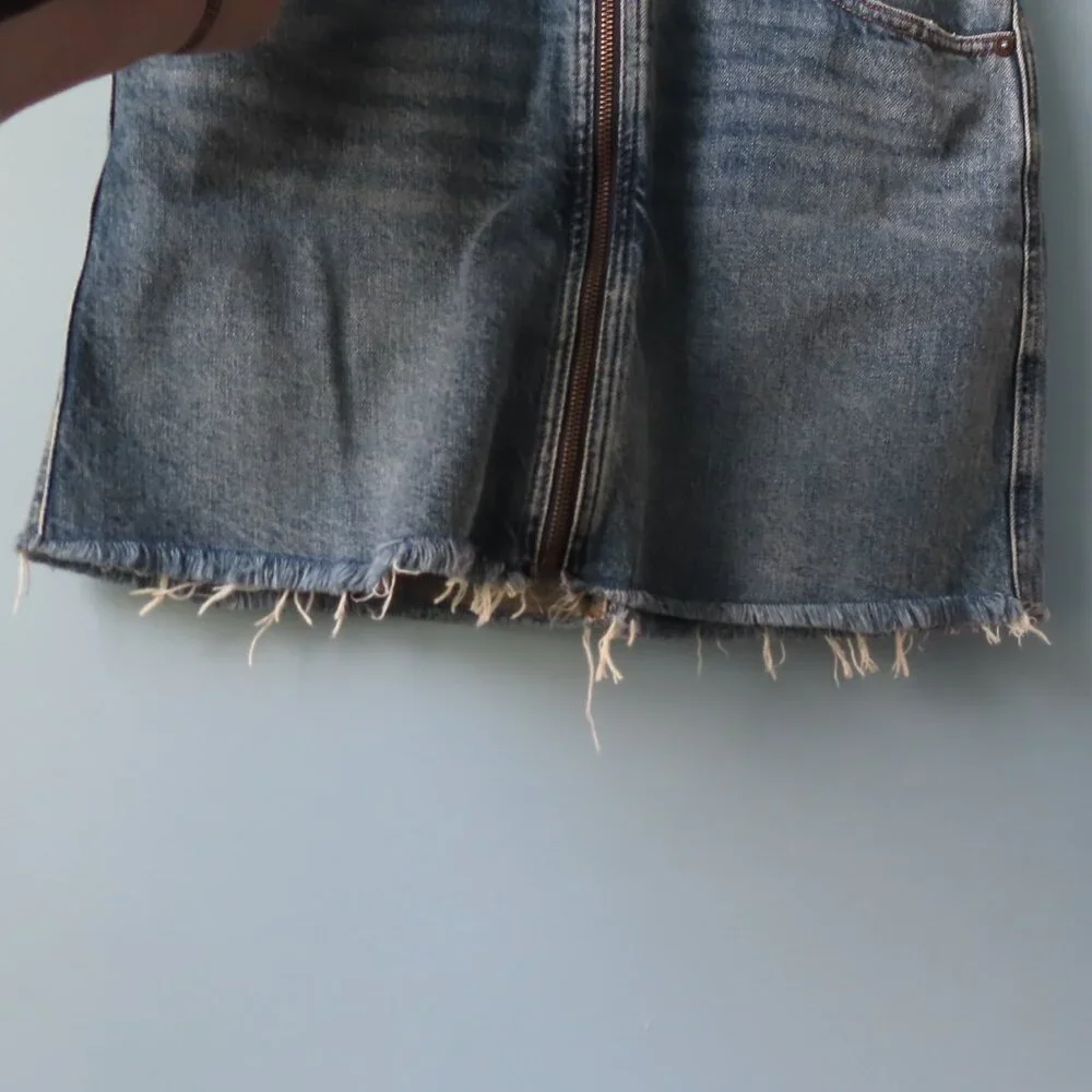 We the Free Zip it Up Denim Mini Skirt Distressed Frayed Raw Hem Blue Size 28 - Picture 6 of 12